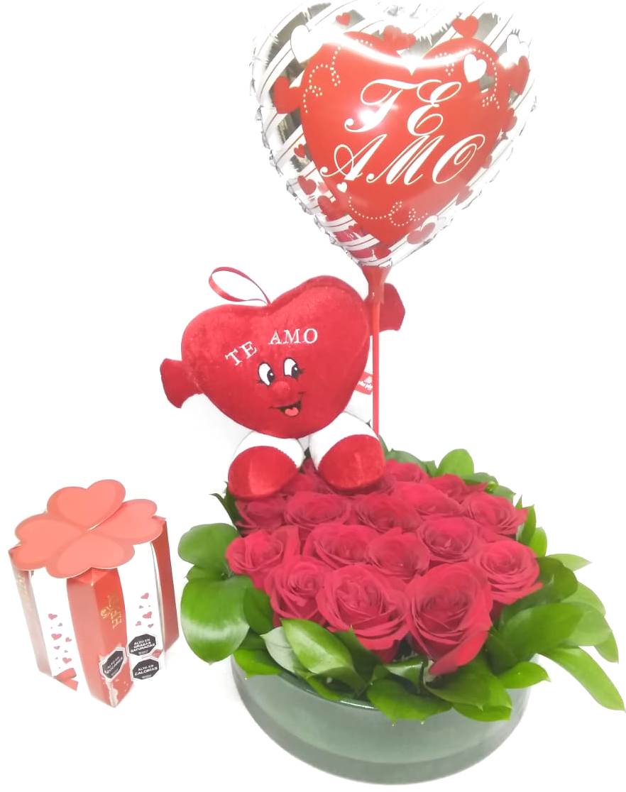 Florero redondo con 18 Rosas, Peluche corazn, Bombones Heidi 140 grs y Globito